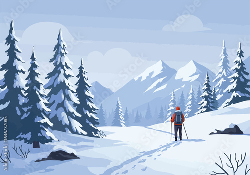 A lone adventurer seen from behind on a winter hiking expedition, trekking through a snowy forest towards majestic mountain peaks. Vector.