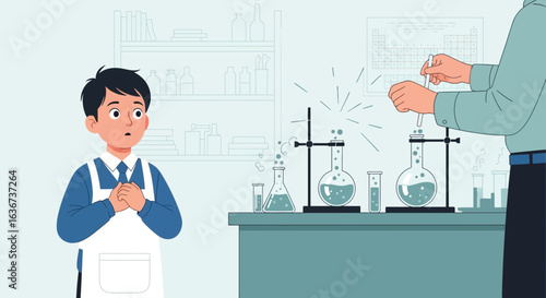 Intrigued Student Watches Chemical Reaction Experiment Performed By Experienced Chemist