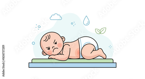 Irritated Infant Showing Discomfort Lying on Stomach Wearing Diaper