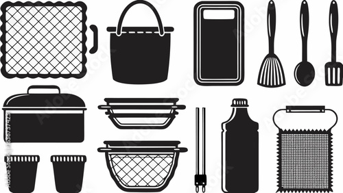 Illustration of kitchenware and cooking utensils including pots pans and serving tools in black and white style silhouette