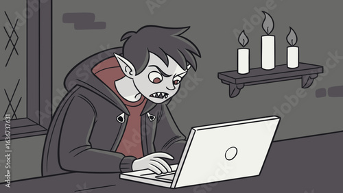Young vampire character with sharp fangs and red eyes intently focused on a laptop screen in a dimly lit room with candles burning