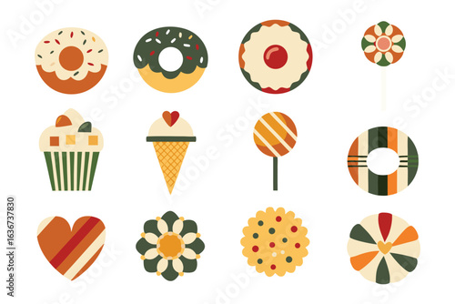 Sweet Temptations: A delectable assortment of illustrated confectionery items, featuring donuts, a cupcake, ice cream cone, lollipop, cookies, and a heart-shaped candy.