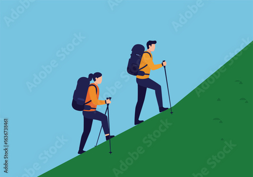 An adventurous couple with backpacks and trekking poles on a challenging hiking expedition, ascending a steep green mountain slope. Vector illustration.
