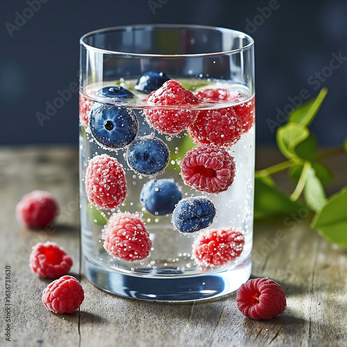 Clear glass with raspberry and blueberry berries, sparkling water with bubbles, smashed texture, fresh summer drink