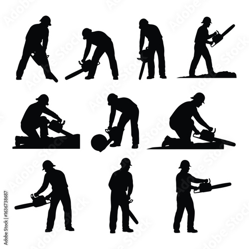 Vector art of set of silhouette lumberjack man with chainsaw isolated on white background