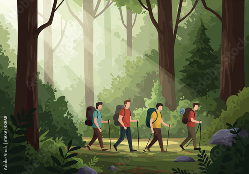 A group of male friends on an adventurous hiking expedition, exploring a sunlit forest trail together with backpacks and poles