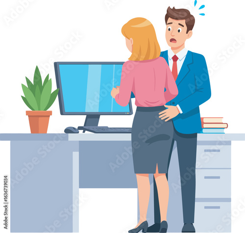 A man inappropriately touches a woman in an office setting, showing shock and concern.
