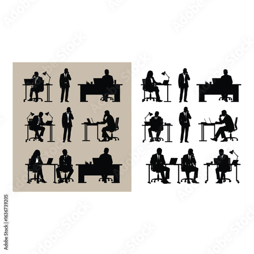 Vector art of silhouettes of business people working in the office isolated on white background