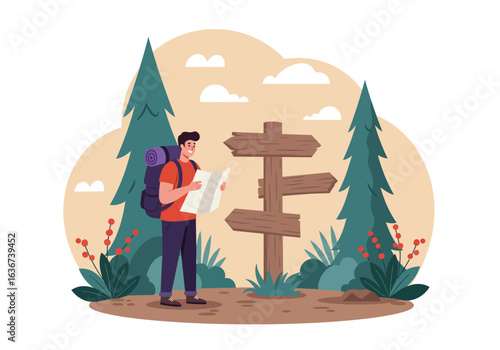 A young male traveler with a backpack consults a map at a crossroads during a solo hiking adventure in a scenic forest landscape.