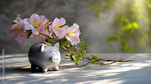 Wallpaper Mural Cheerful Piggy Bank Surrounded by Flowers in Soft Sunlight Torontodigital.ca