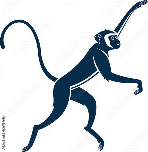 Cute cartoon monkey hanging from a leafy branch in a jungle setting,Stylized silhouette of a dark blue gibbon swinging and leaping