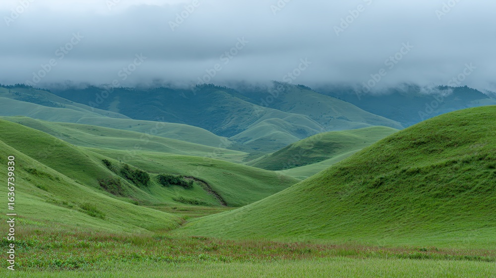 Fototapeta premium Lush Green Rolling Hills Under Cloudy Skies in Serene Landscape