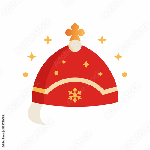Minimalist St. Nicholas Hat with Golden Stars and Snowflakes Vector Illustration