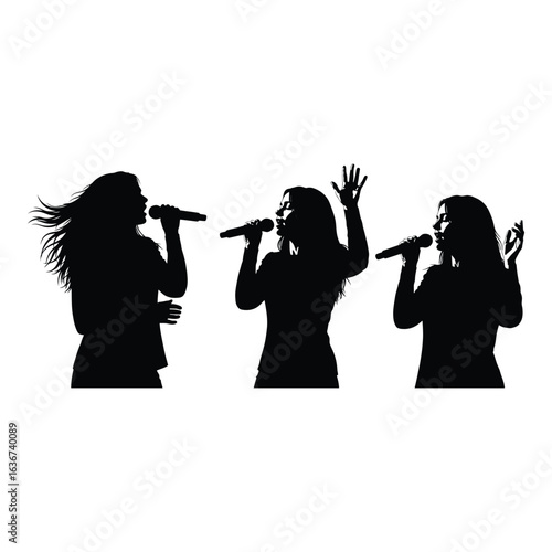 Vector art of silhouettes of three singers with microphones isolated on white background