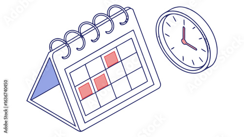Isometric Desk Calendar and Clock: Time Management, Scheduling, Planning Concept Illustration