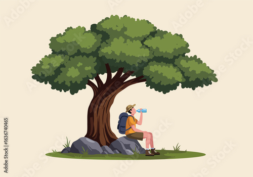 A tired hiker takes a refreshing break, drinking water while sitting on a rock under a large, shady tree during a summer hiking adventure.