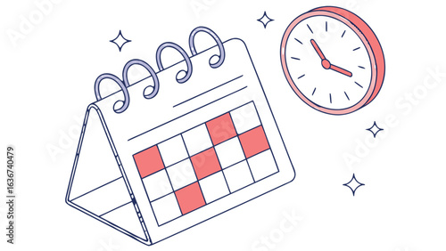 Modern Desk Calendar and Clock:  Pastel Pink and Blue Illustrated Time Management Concept