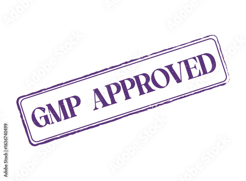 Purple GMP Approved Rubber Stamp with a Dotted Outline and Text