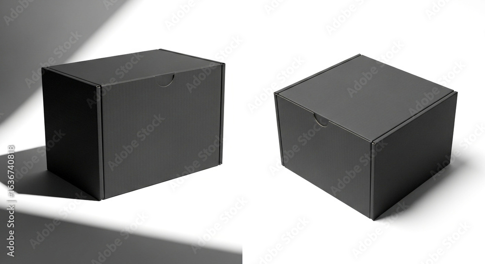 Obraz premium Two Minimalist Black Cardboard Boxes with Shadows on White Background - Elegant Packaging Mockup Template