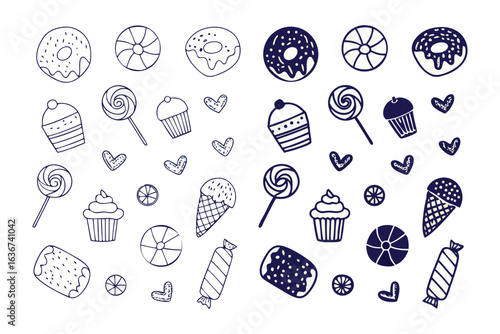 Sweet Treat Assortment Illustration: A collection of delightful treats like donut, cupcake, candy, and ice cream come together in this illustration. Perfect for evoking joy and playful vibes.