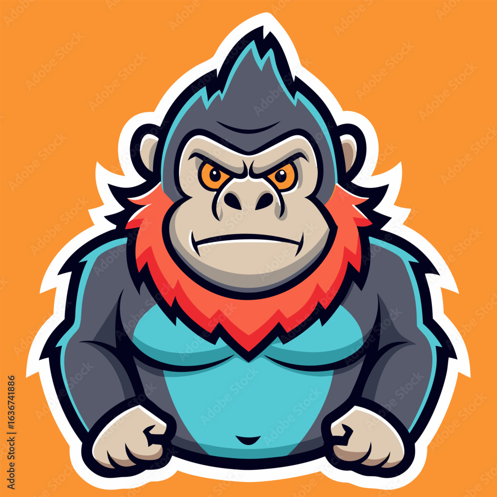 Naklejka premium Cartoon gorilla with fierce expression in bold colors. Angry primate mascot in a stylized. cartoon setting. Character illustration for mascot or logo use. General use.