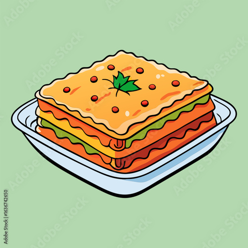 Colorful layered lasagna on a disposable tray. Vibrant dish presented in an artistic style. suitable for a food blog or restaurant menu.