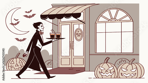 A dapper vampire butler serves drinks outside a building adorned with halloween pumpkins and bats under a crescent moon