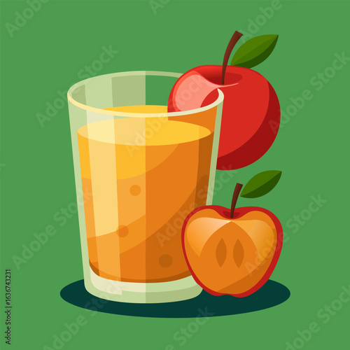 Apple juice in a glass with whole and sliced apples. Fresh and healthy beverage illustration for advertising or editorial use.