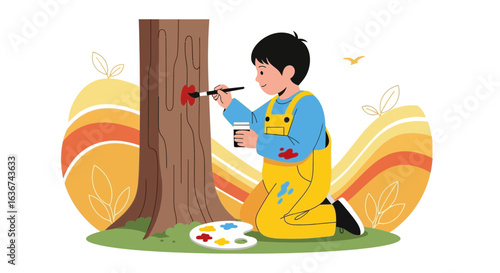 Joyful Artistic Expression A Young Boy's Creative Exploration In An Enchanting Forest