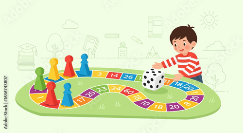 Joyful Boy Playing Board Game Throwing Dice During Educational Activity