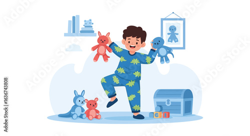 Joyful Boy Enjoys Time Playing With Stuffed Animals Before Sleep In Bedroom