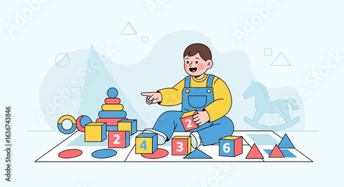 Joyful Boy Plays with Colorful Blocks and Geometric Shapes on the Floor