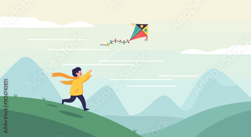 Joyful Boy Running On Grassy Hill Flying Colorful Kite Outdoors Scene
