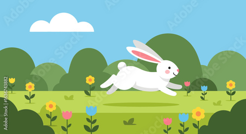 Joyful Bunny Running Through a Field of Flowers on a Sunny Day