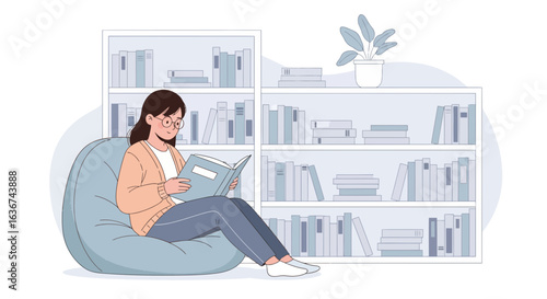 Relaxing Woman Reading Book in Cozy Beanbag Chair by Bookshelf Illustration