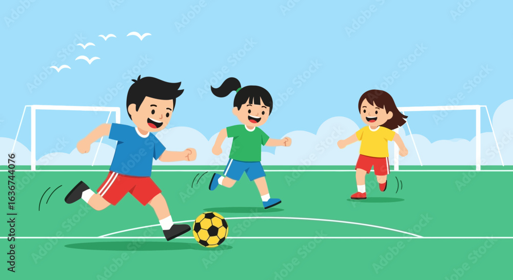 Fototapeta premium Joyful Children Playing Soccer Outdoors Under Sunny Skies In Summertime Game