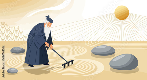 Meditative Practice Old Master Grooming His Japanese Zen Garden With Rake
