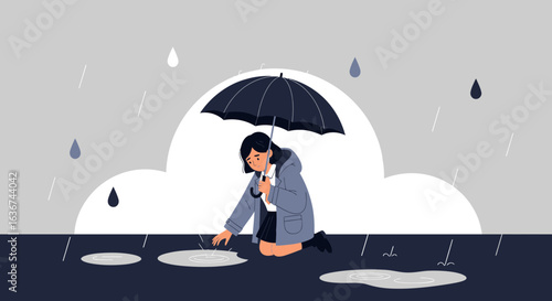 Melancholic Scene Of Young Woman Kneeling In Puddle Under Umbrella During Rain