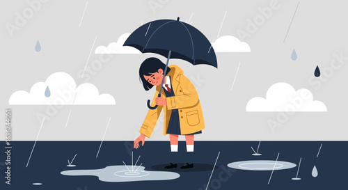 Melancholy Rainy Day Depression Touching Puddle Reflection Illustration Concept