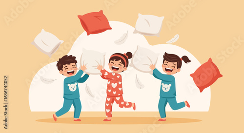 Joyful children playing a lively pillow fight in pajamas, creating a fun childhood memory