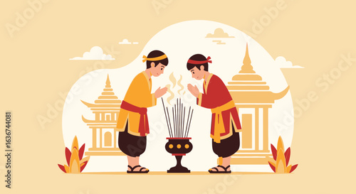 Men Offering Incense Sticks in Traditional Attire Before Temples Illustration
