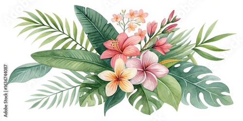 Watercolor Tropical Floral Bouquet Plumeria, Hibiscus, Palm Leaves, Monstera, Floral Arrangement Tropical flowers, Watercolor painting