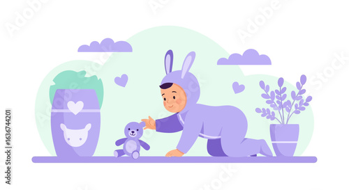 Joyful Discovery Adorable Baby in Bunny Costume Playing with Plush Toy