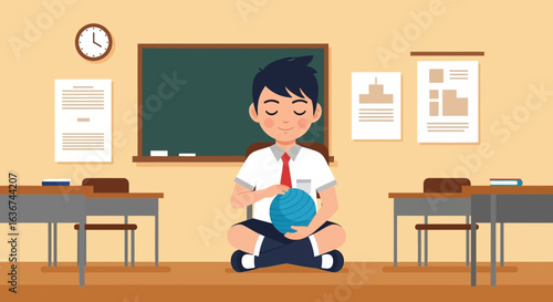 Mindfulness in the Classroom: A Cartoon Illustration of a Student Meditating with Ball Inside a School