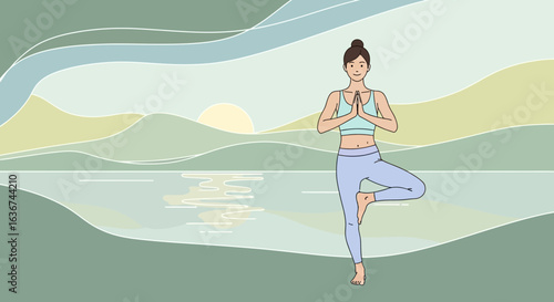 Mindful Woman Practicing Yoga Tree Pose at Peaceful Lakeside Scenery in Nature