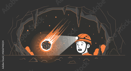 Miner Encounters Unexpected Meteor In Deep Dark Cave Expedition Illustration