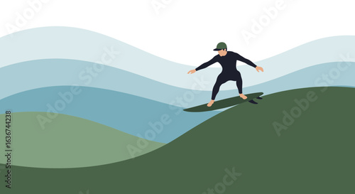 Minimalist surfer illustration riding a wave with stylized background design