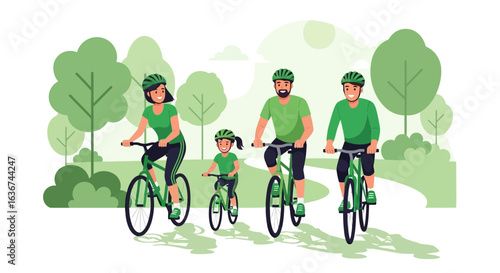 Joyful family cycling together in a green park, healthy lifestyle activity