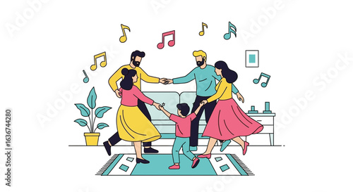 Joyful family dancing together in their living room with musical notes illustration