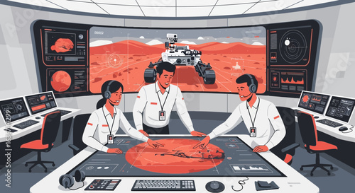 Mission control team monitoring rover on Mars surface during space exploration operation team is looking at a Mars map
